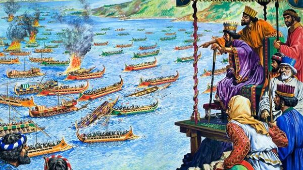 The Battle of Salamis, being watched by Xerxes, King of the Persians (whose forces were to be defeated).  Original artwork for illustration on pp14-15 of the World of Wonder Book 1971.  Lent for scanning by The Gallery of Illustration.