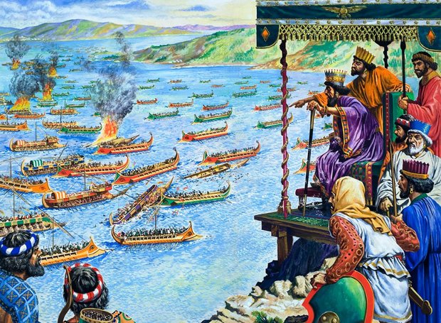 The Battle Of Salamis, Being Watched By Xerxes, King Of The Persians (whose Forces Were To Be Defeated).  Original Artwork For Illustration On Pp14-15 Of The World Of Wonder Book 1971.  Lent For Scanning By The Gallery Of Illustration.
